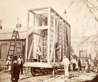 View of the construction of the packing case and horse-drawn 'van' for transport of Raphael Cartoons from Hampton Court to South Kensington Museum, Charles Thurston Thompson, 1865. Museum no. 68729. © Victoria and Albert Museum, London