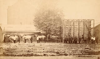 Side view of packing case and horse-drawn 'van' for transport of Raphael Cartoons from Hampton Court to South Kensington Museum, Charles Thurston Thompson, 1865. Museum no. 44413. © Victoria and Albert Museum, London