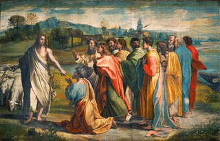 Raphael Cartoon, Christ's Charge to Peter (Matthew 16: 18-19 and John 21: 15-17), by Raphael, 1515 – 16, Italy. Royal Collection Trust / © Her Majesty Queen Elizabeth II 2020. Photograph: Victoria & Albert Museum, London