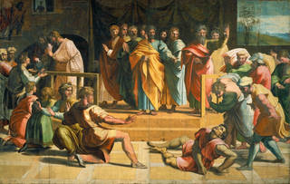 Raphael Cartoon, The Death of Ananias (Acts 5: 1-5), by Raphael, 1515 – 16, Italy. Royal Collection Trust / © Her Majesty Queen Elizabeth II 2020. Photograph: Victoria & Albert Museum, London