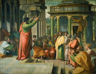 Raphael Cartoon, Paul Preaching at Athens (Acts 17: 16-34), by Raphael, 1515 – 16, Italy. Royal Collection Trust / © Her Majesty Queen Elizabeth II 2020. Photograph: Victoria & Albert Museum, London