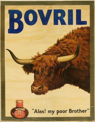 BOVRIL written at top. Brown, horned highland cow crying and looking at a jar of Bovril. Text saying "Alas! My poor brother"