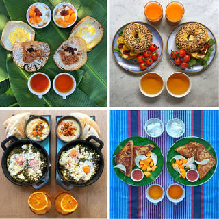Four photos. Each has two breakfasts laid out in symmetry. Meals include juices, shakshuka, bagels