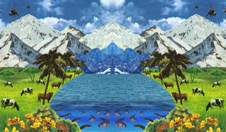 Collage. Mountains in background, glacial lake with fish in flowing into middle. Green grass and shrubbery at sides. Cows