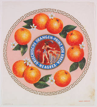 Circular orange wrapper. Bright orange pictures of oranges with blossoms and leaves. Interior circle has a person inside