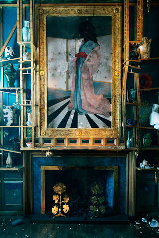 Detail of fireplace, inside Darren Waterson's installation 'Filthy Lucre'.