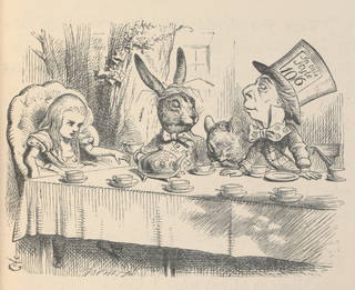 Black and white illustration showing the Alice, the Rabbit, a mouse and the mad hatter at the tea party