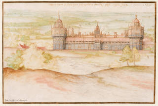 Watercolour of Nonsuch Palace. Two turrets at the front and a tower in the centre. It is surrounded by trees and green space
