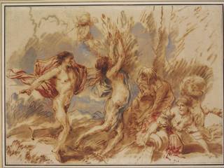 Apollo and Daphne; Cupid, above them, poising an arrow; Drawn with the brush, charged with bistre, tinted.