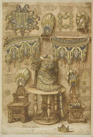 Design drawing of arms, armour, horses' trappings and more, in gold, blue and white. Decorative and grand