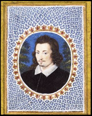 painting of a man with long brown hair, in a painted frame of gold, with blue and white detailing