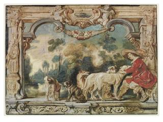 Watercolour of a man wearing a red coat and a hat, along with his five dogs