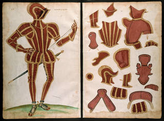 Design for armour in red and gold. Left shows the armour worn, right shows the armour deconstructed