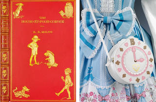 Left: Red 'The House at Pooh Corner' book with gold flowers on the spine, and a gold Rabbit, Owl, Tigger, Eeyore and Christopher Robbin on the front. Right: Alice in Wonderland/Lolita style blue dress with a frilly bow in the middle. There is also a white, brown and pink round clock shaped bag. 