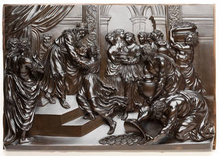 Brown patinated bronze plaque depicting Solomon and the Queen of Sheba by Giuseppe Piamontini