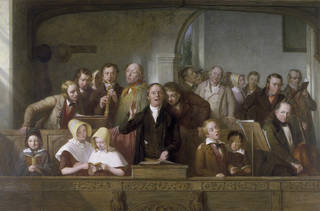 Painting of people in a church singing