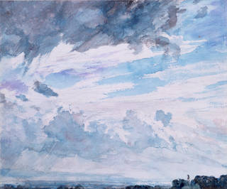 Watercolour painting of a bly sky with fluffy grey and white clouds