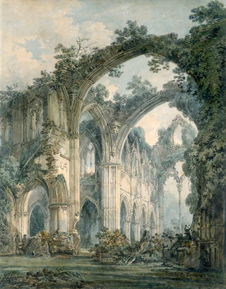 Watercolour painting of the Tintern Abbey ruins covered in foliage. 