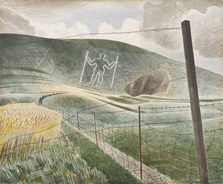 Watercolour painting with the chalky-white outline of a figure on the hill in the distance. The fields and grass show clear brush strokes is formulaic directions to create texture. In the foreground, you can see a wire fence and wooden post. 