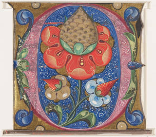 Brightly coloured and decorated page from a choirbook featuring a red flower inside the letter O decorated with flowers and foliage in reds, blues, greens and gold. 