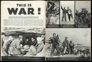 Interior spread from Picture Post with article titled 'This is War!'
