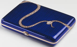 Blue enamel cigarette case with diamonds set in the shape of a snake