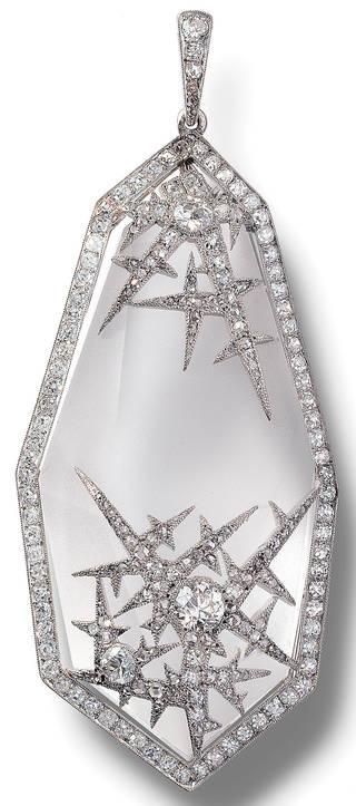 Octagonal drop pendant set with diamonds that look like ice formations. 
