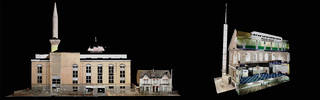 Scan of the outside of Harrow Central mosque and scan of the inside of Brick Lane mosque