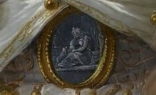 Detail of Marie Adélaïde de Bourbon's blue brooch on her waist, depicting 'Poor Maria'