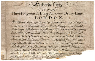 Torn and discoloured piece of paper wit writing in black ink detailing the items for sale by a haberdasher.