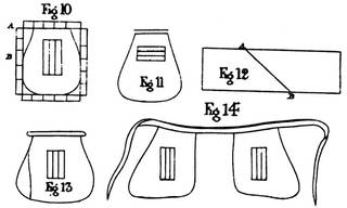 Hand drawn line drawings of shapes for women's tie-on pockets in black ink on a white background. 