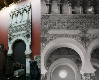 Left: Plaster cast of an arch from the interior of Santa Maria Blanca synagogue. The plaster cast also has ceramic tiles applied at the base of the column. Right: black and white photo showing the detailed patterns on the arch