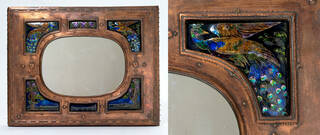 Mirror framed with enamelled copper patterns featuring a peacock motif