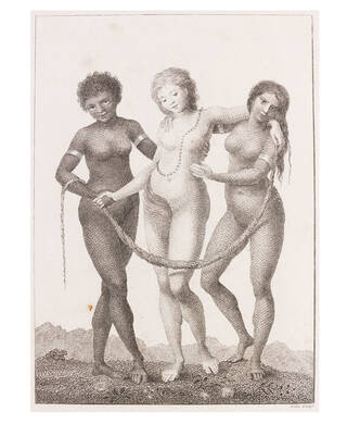 A group of three nude standing women. The outside figures wear gold bands around their upper arms.