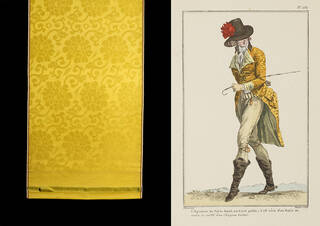 Length of Chinese yellow satin fabric seen next to a print of an 18th-century European man wearing a yellow coat