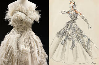 Elaborate white evening gown with feathers and sequins shown next to design sketch