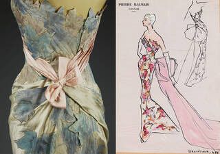 Detail of silk evening dress with bow at the back shown next to design sketch