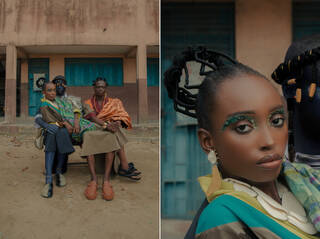 Colour photographs featuring three people in sat in chairs in front of a building. 