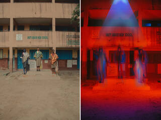 three people photographed standing on concrete blocks outside a school in regular light and then in red light