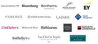 Composite image showing logos (from left to right) for: Bank of America, Bloomberg, Bonhams, Brewin Dolphin, EY, Faberge, Freshfields Bruckhaus Deringer, Lazard, LGT Wealth Management, Linklaters, Mishcon de Reya, Rathbones, Robert Walters Group, Societe Generale, Sotheby's, Van Cleef and Arpels, and Watson Farley & Williams
