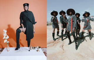 Left: model wearing black shirt dress with pleated tiered detailing, knee-high boots and hat. Right: five models standing in a group, wearing black hats, black and white shirt dresses with red strip detailing and  knee-high boots