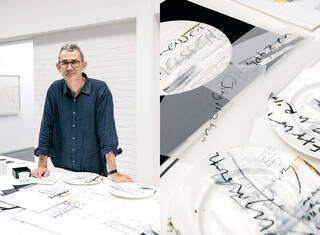 Left – Edmund de Waal smiling at his desk, wearing a blue shirt. Right – plates in the draft stage, with tracing paper sketches