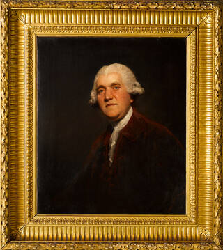 Dark oil painting of a man in a short wig in an elaborate gold frame