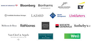 Composite image showing logos for (from left to right): Bank of America, Bloomberg, Bonhams, Brewin Dolphin, EY, Freshfields Bruckhaus Deringer, Lazard, LGT Wealth Management, Linklaters, Mishcon de Reya, Rathbones, Robert Walters Group, Societe Generale, Sotheby's, Van Cleef and Arpels, Watson Farley & Williams and Weil