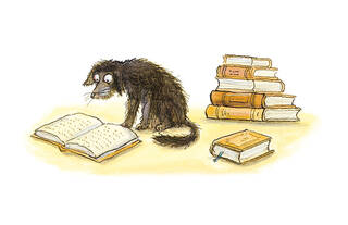 An illustrated dog reading books