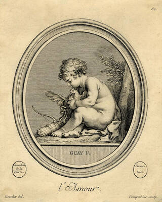 Cupid sitting in profile to the left, with dove in his arms and quiver and bow at his feet; in an oval frame