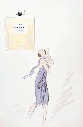 Illustration of a woman in a lilac dress and scarf, looking upwards towards a Chanel perfume bottle