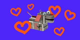 robot against blue background surrounded by red heart doodles