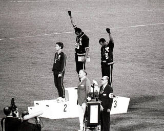 Tommie Smith, John Carlos and Peter Norman, award ceremony of the 200m race at the Mexican Olympic Games