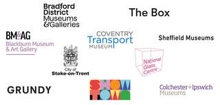 Logos for The Box (Plymouth), Bradford District Museums and Galleries, Blackpool Museum and Art Gallery, Coventry Transport Museum, Sheffield Museums, City of Stoke on Trent, National Glass Centre, Grundy, Showtown and Colchester and Ipswich Museums